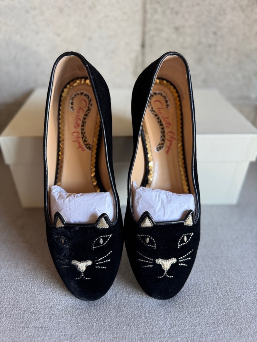 Charlotte Olympia Black Velvet Cat-Embroidered Flats